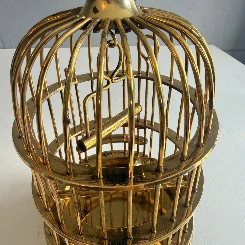 Vintage Solid Brass Bird Cage | Mid-Century Decorative Hanging Cage with Perch